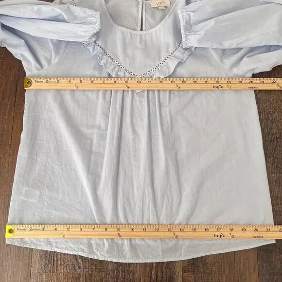 Loft Ruffle Long Sleeve Blouse Cotton Sheer Cottagecore Prairie Size Small Blue - Picture 11 of 16
